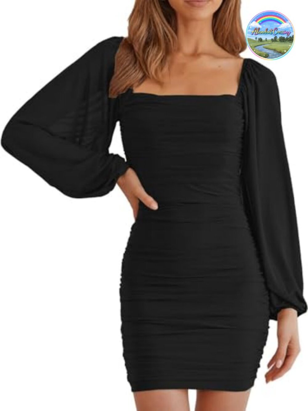 Square Neck Long Sleeve Mesh Bodycon Mini Cocktail Dress